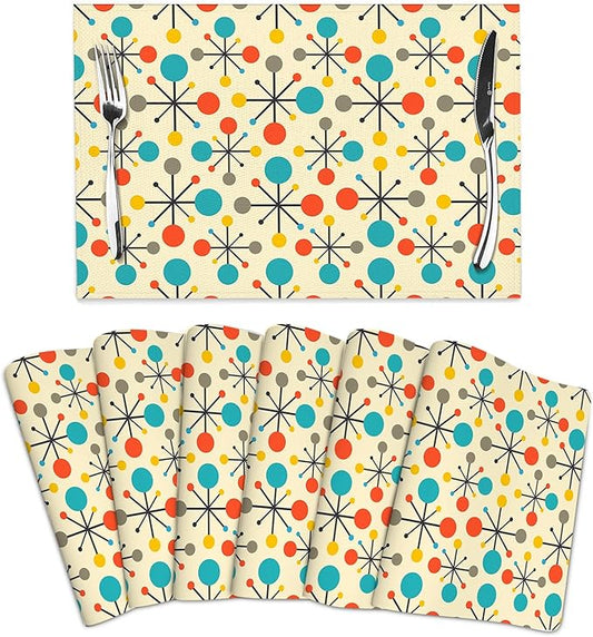 Mid Century Fifties Modern Atomic Retro Table Mats Set of 6 Linen Heat Resistant Washable Placemats for Party Farmhouse Home Kitchen Yellow Decorative 12x18 Inch
