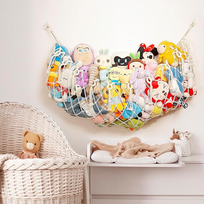 Stuffed Animal Hammock Corner Wall Stuffed Animal Net or Hammock for Stuff Animal Storage Plush Toy Holder Boho Macrame Toy Display for Nursery Playroom Kid's Room