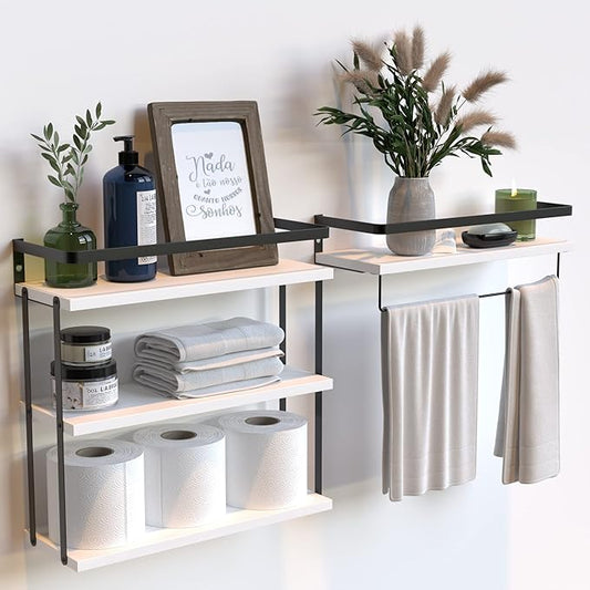 RICHER HOUSE 3+1 Tier Wall Mounted Floating Shelves Set of 2, Rustic Wood Wall Shelf with Metal Frame, Extra Storage Rack for Bathroom, Kitchen, Bedroom with Tissue Rack & Towel Bar - White