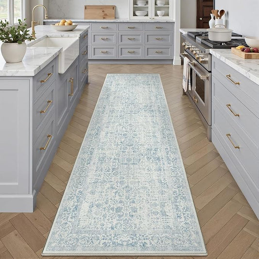 Blue Runner Rug 3x7 Hallway Machine Washable Kitchen Vintage Distressed Non Slip Long Carpet Indoor Retro Floral Bedroom Accent Throw Rug for Bathroom Office Laundry Dining Room