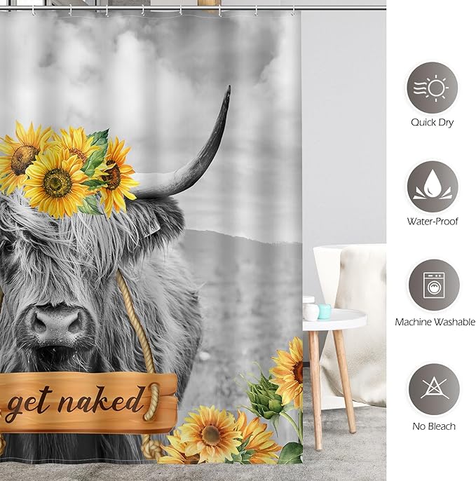 Aimego Stall Small Shower Curtain - Farmhouse Highland Cow Sunflower Rustic Western Country Get Naked Funny Narrow Half Fabric Cloth Bath Shower Curtain Set with 12 Hooks Bathroom Decor, 36"x72"