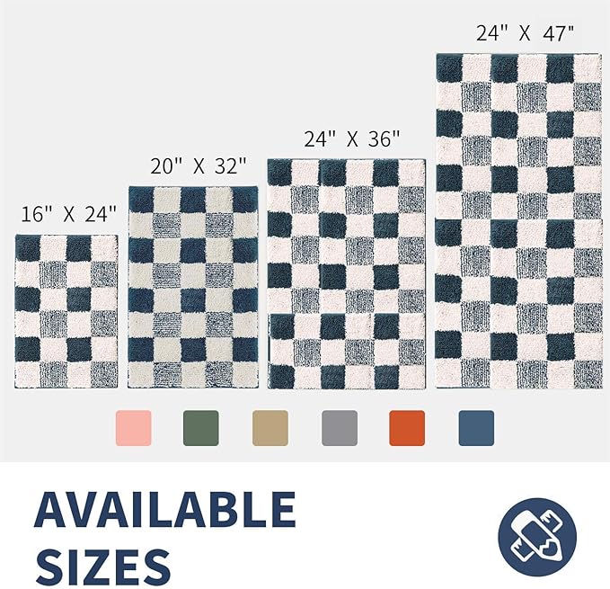 CozeCube Checkered Bath mats for Non Slip, Fluffy Absorbent Microfiber Bath mat Washable, Aesthetic Bathroom Rugs, Cute Bath mat for Shower Sink, Dark Blue, 24" x 16"