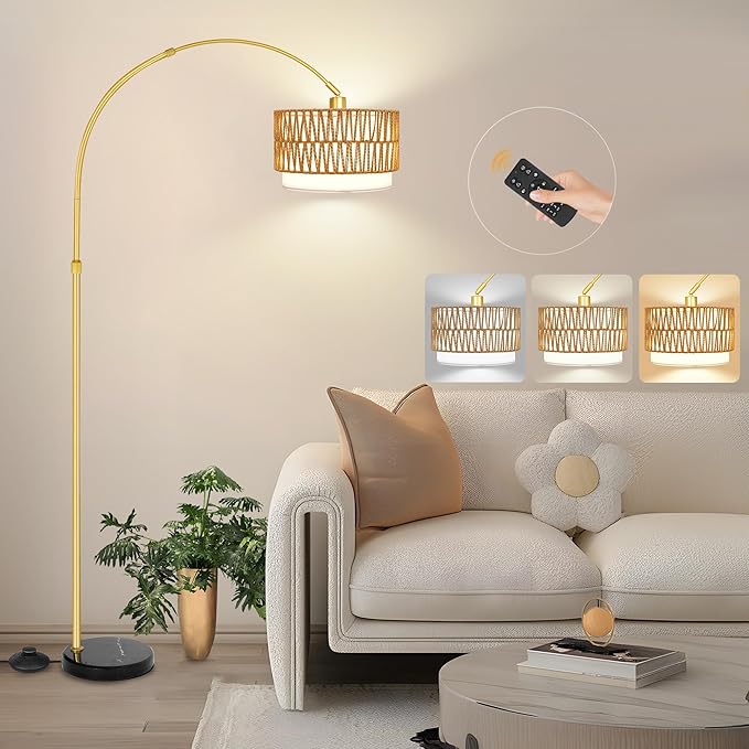 Rattan Floor Lamp for Living Room Arc Boho Floor Lamp with Rattan & Linen Double Shades Adjustable Tall Wicker Lamps with 3 Color Temperatures for Bedroom Office Reading,Gold