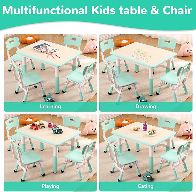 Kids Table and Chairs Set, Height Adjustable Desk With 4 Seats for Ages 2-10,Arts & Crafts Table,Graffiti Desktop, Non-Slip Legs, Max 300lbs, Children Multi-Activity Table for Classrooms,Daycares,Home