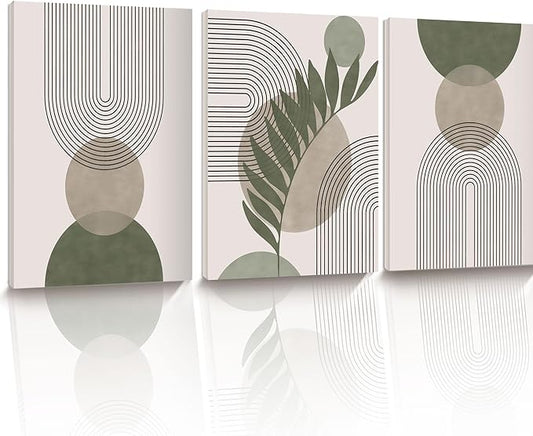 Sage Green Boho Wall Art, 12x16in Framed Canvas Bathroom Wall Art Pictures, Mid-Century Modern Wood Framed Abstract Prints for Bedroom,Minimalist Office Wall Decor 3Pack
