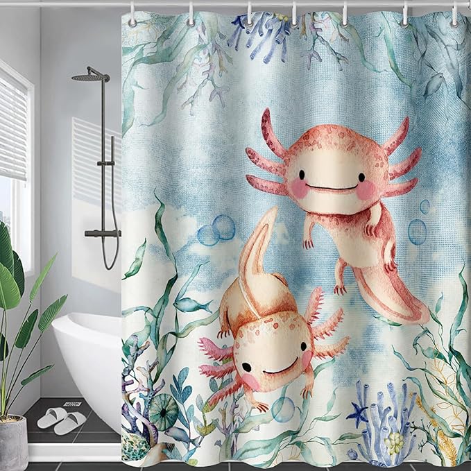 AILONEN Cute Axolotl Shower Curtains,Seaweed Salamander Bath Curtain for Kids Bathroom Decor,Polyester Waterproof with 12 Plastic Hooks 72" W*96" H