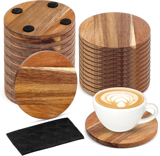 24PCS Wood Coasters Round Wooden Coasters for Drinks Coffee Table with Non-Slip Pad Acacia Cup Coasters for Coffee Home Kitchen 4 Inch Round