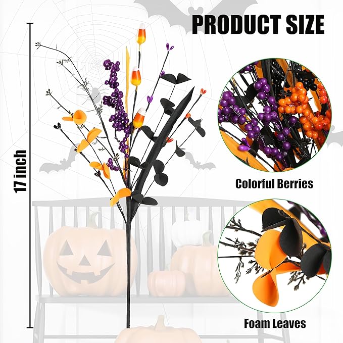 Sggvecsy 6 Pcs Artificial Halloween Stem with Berries Teeth Black Orange Leaves Faux Picks Decorative Twigs for Flower Arrangemant Table Centerpiece Halloween DIY Crafts Festival Home Decoration