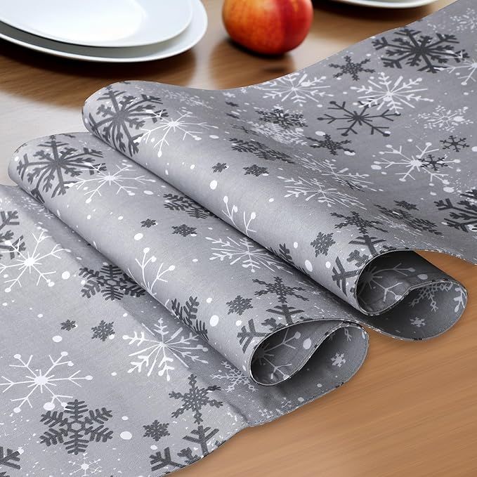 Urban Villa Christmas TableRunner Grey Snowflake Table Runner 14”x72” 100% Cotton Over Sized Runner Heavier Quality Table Runner for Christmas Celebrations Dining WeddingDinner Parties Everyday Use