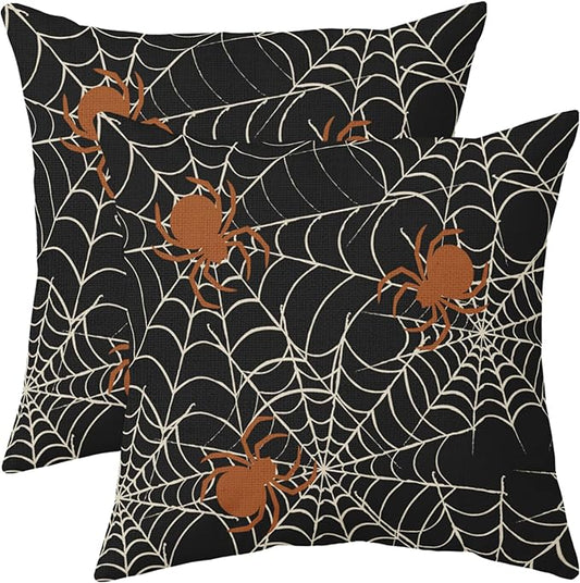 Halloween Spiderweb Pillow Covers 20x20 Set of 2 Black White Spider Web Orange Spider Outdoor Decorative Throw Pillows Scary Farmhouse Pillowcases Linen Cushion Case Decor for Home Sofa Couch Bed