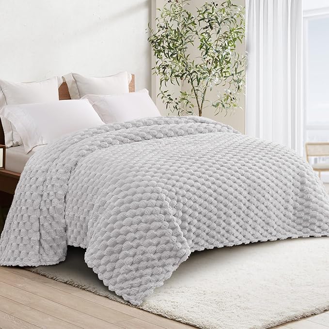 Whale Flotilla Queen Size Blanket for Bed with Jacquard Pattern, Fuzzy Soft Cozy Exquisite Blankets for All Season, Warm and Fluffy, 90x90 Inch, Light Grey