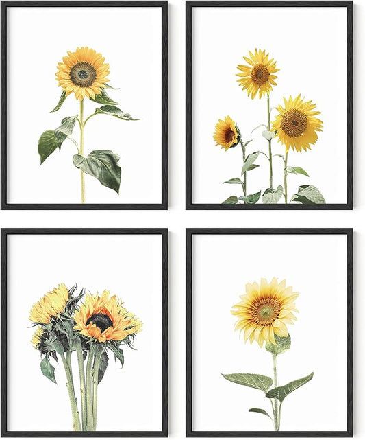HAUS AND HUES Sunflower Wall Decor and Sunflower Posters - Set of 4 Sunflower Bedroom Decor, Sunflower Paintings for Wall, Yellow Wall Art Kitchen Decor, Sunflower Decor (Black Frame, 11x14)