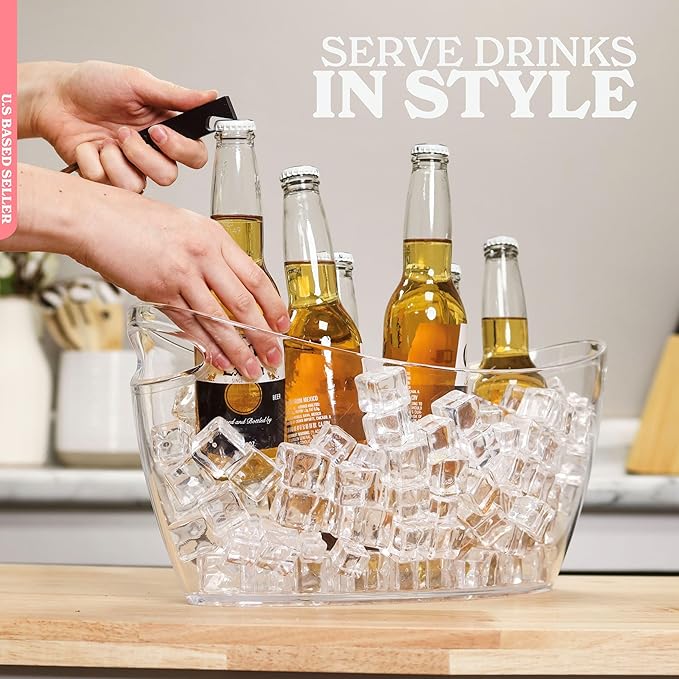 Ice Bucket for Champagne - 2 Pack Plastic Ice Buckets for Parties - 5.5L Oval Transparent Bridal Beverage Tub Cooler Catering Bar Accessories for Wine, Beer, Liquor, Spirits and Seltzers