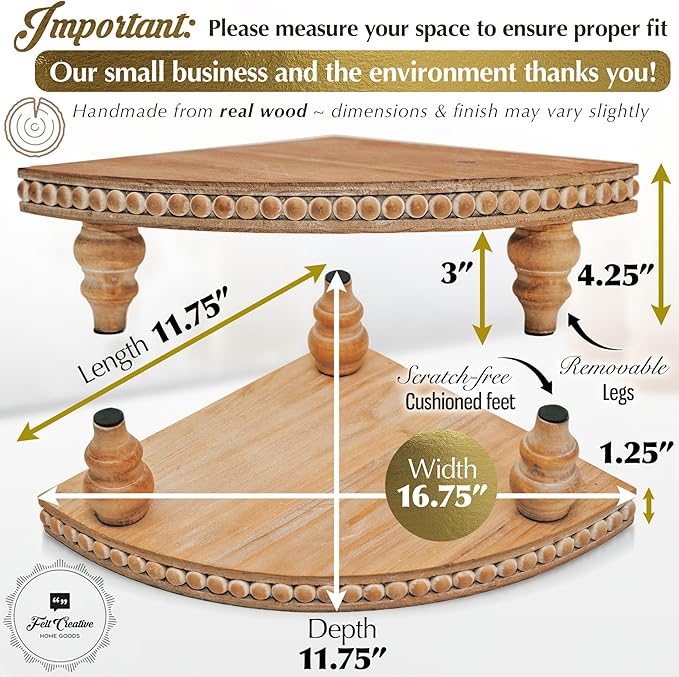 Farmhouse Corner Shelf Stand [with Removable Feet] - Bathroom Countertop Organizer, Decorative Tray Riser, Beaded Wooden Tray, Corner Tray Plant Stand, Coffee Bar Organizer for Kitchen Countertop