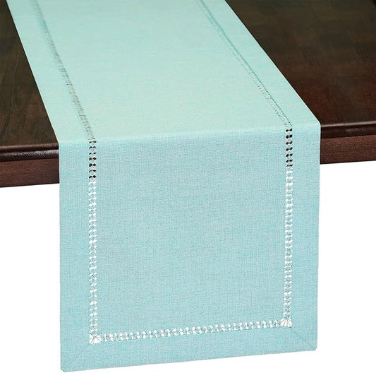 Grelucgo Handcrafted Solid Color Dining Table Runner, Dresser Scarf, Double-Hemstitched (Aqua, 14 x 72)