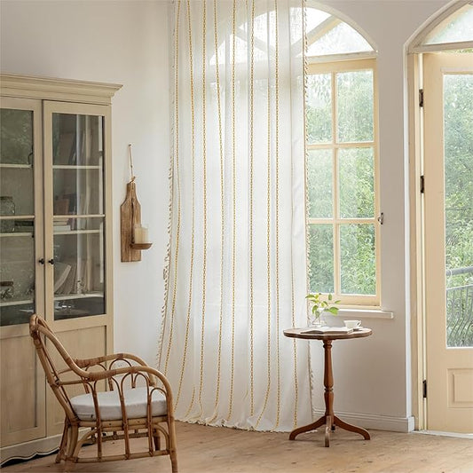 Sutuo Home Boho Curtains for Living Room Bedroom, Semi Blackout Farmhouse Vintage Shabby Chic Tassels Window Treatment Bohemian Embroidery Drape, Rod Pocket 1 Panel 52" W x 96" L, White and Gold
