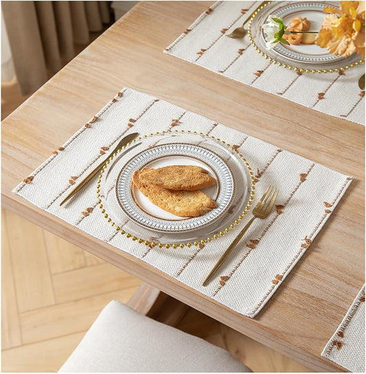 Boho Placemats Set of 4 for Dining Table Decor, Woven Cloth Place Mats for Farmhouse Rustic Kitche Home Decor, Cotton Placemats 13 x 19 Inch, Brown and Beige Table mats