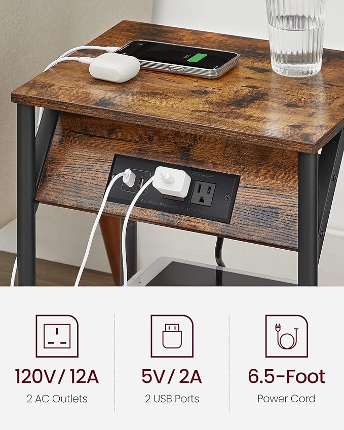 VASAGLE End Table with Charging Station, Set of 2, Small Side Tables for Living Room, Bedroom, Nightstand with Outlets and USB Ports, Bedside Table with Storage Shelf, Rustic Brown and Black