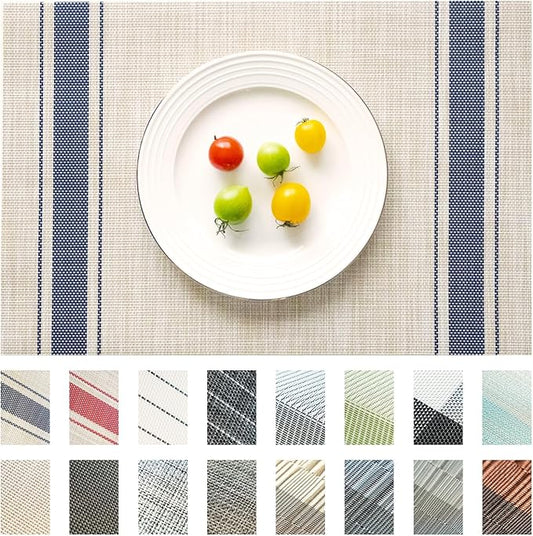 Placemats Set of 4 Vinyl/Plastic Woven Place Mats for Kitchen Table Indoor/Outdoor Washable Placemat Wipeable Dining Table Mats (Khaki Blue,4)