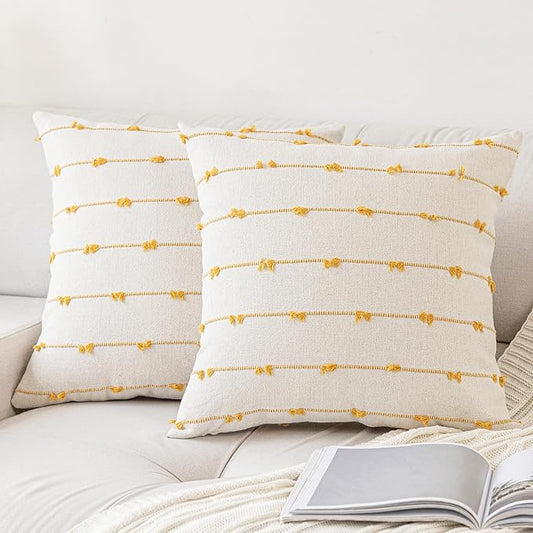Boho Throw Pillow Covers 26x26 Set of 2 Modern Farmhouse Decorative Cushion Case Tufted Square Pillows Cover Neutral Pillow Cases Accent Pillowcase for Sofa,Couch,Bed,Beige and Yellow