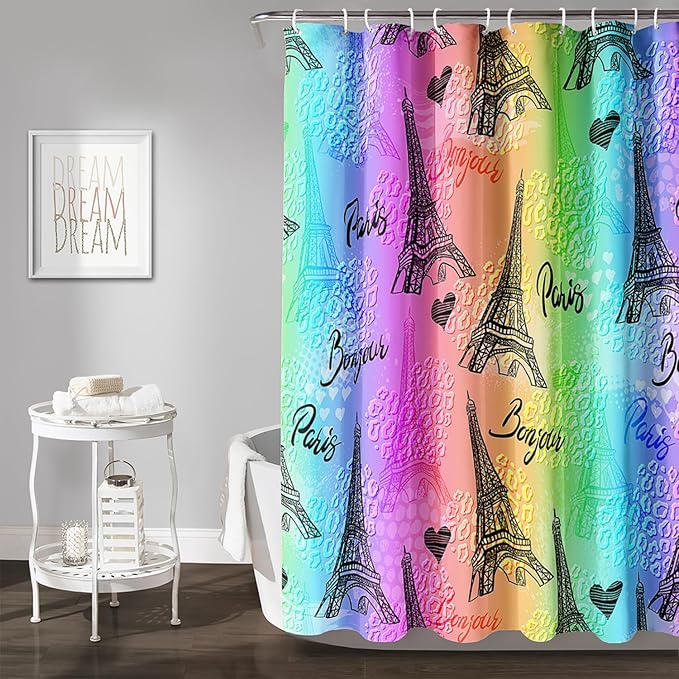 AILONEN Rainbow Shower Curtain for Bathroom, Rainbow Gradient Eiffel Tower Printed Bath Curtain,Women Girls Kids Minimalist Waterproof Fabric Shower Curtain Set with Hooks 72" W*96" H