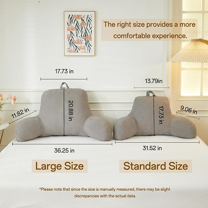 Back Pillow for Bed Sitting Up,Reading Pillow for Sitting in Bed Adult with Arm Pillow,Back Rest Pillow for Sitting in Bed with Pockets,While Gaming,Working,Watching,Standard-Gray