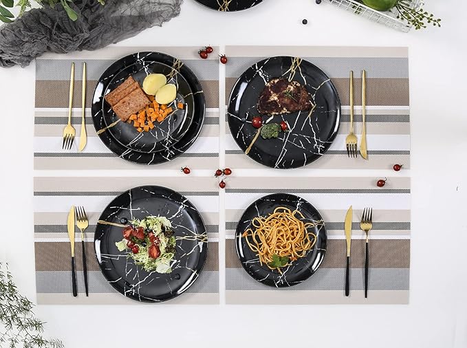 Melamine Dinnerware Set - 12pcs Plates and Bowls Sets Best for Indoor and Outdoor Party, BPA-Free Dishwasher Safe Kitchen Dinner Set with Black Marble Pattern