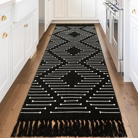 Tritard Boho Runner Rug 2x8 - Lightweight Washable Long Hallway Rug with Tassel, Thin Woven Farmhouse Kitchen Runner Rugs Cotton Aztec Indoor Carpet for Entryway, Laundry, Bathroom, Black and White