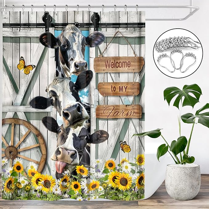 Farmhouse Cow Shower Curtain Funny Animal Butterfly Sunflower Cow Shower Curtains for Bathroom Decor Waterproof Polyester Fabric Western Barn Door Bathroom Curtain with Hooks 66x72 Inch