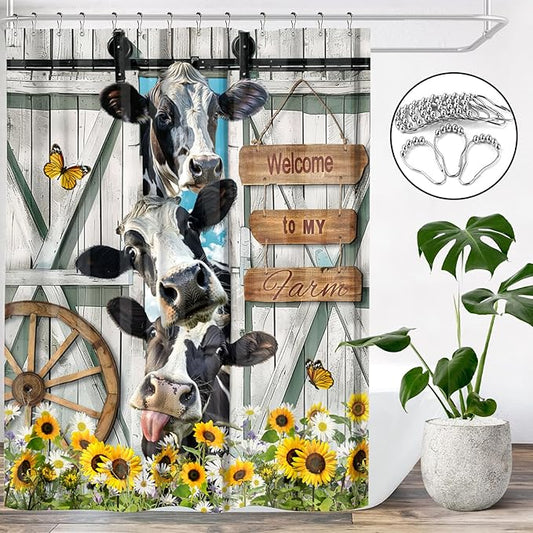Farmhouse Cow Shower Curtain Funny Animal Butterfly Sunflower Cow Shower Curtains for Bathroom Decor Waterproof Polyester Fabric Western Barn Door Bathroom Curtain with Hooks 55x72 Inch