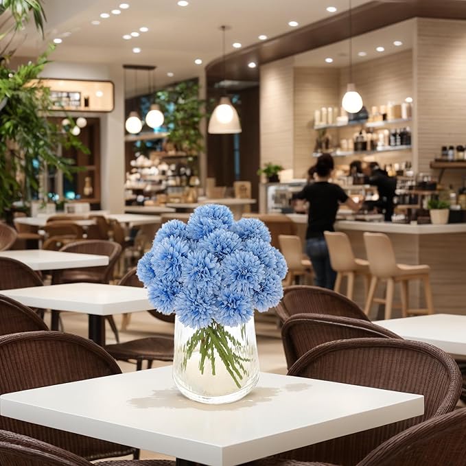 Kimura's Cabin 20Pcs Blue Fake Silk Chrysanthemum Artificial Ball Flowers Faux Mums Flowers Wedding Arrangements Decor Bouquets Home Festival Table DIY Decoration Center (Blue)
