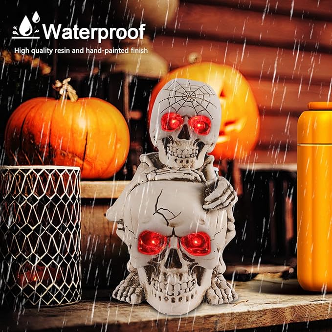 Halloween Skull Decor Resin Skeleton Head Stack Solar Garden Statue Unique Garden Decor for Outside Yard Porch Lawn, Ideal