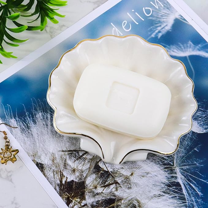 Seashell Style Ceramic Self Draining Soap Dish Waterfall Soap Dish Soap Savers for Bathroom,Shower,Bar Counter