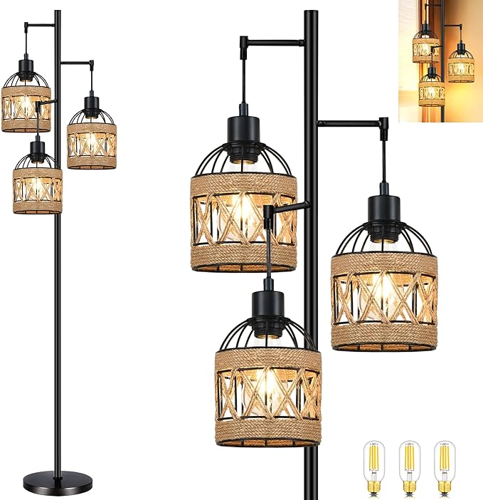 Floor Lamp for Living Room,Bedroom,3-Lights Boho Rattan Tree Floor Lights,Industrial Black Farmhouse Standing Lamp Wicker Rustic Tall Lamp,Woven Bamboo LampShade Floor Lamps Bohemian