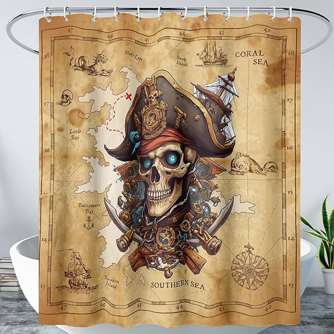 AILONEN Pirate Skull Shower Curtain for Bathroom,Vintage Ocean Nautical Bath Curtain Decoration,Pirate Captain Old Map Print Waterproof Shower Curtain with 12 Plastic Hooks, 72" W*72" H
