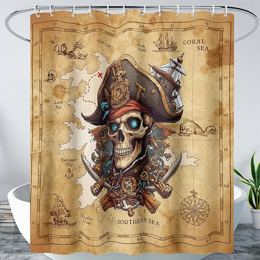 AILONEN Pirate Skull Shower Curtain for Bathroom,Vintage Ocean Nautical Bath Curtain Decoration,Pirate Captain Old Map Print Waterproof Shower Curtain with 12 Plastic Hooks, 48" W*72" H