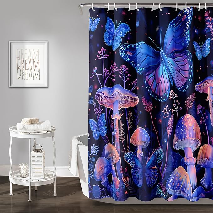 AILONEN Blue Butterfly Shower Curtain,Magic Mushroom Waterproof Fabric Bath Curtain for Kids Girl,Boho Style Shower Curtain Set for Bathroom,Natural Fungal Plant Shower Curtain with Hooks 72" W*78" H