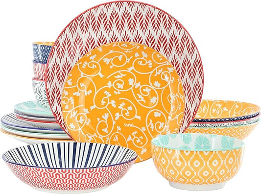 Elama Giovanna 16 Piece Assorted Design Porcelain Multi-Color Graphic Double Bowl Dinnerware Set, Tableware, Serveware, Dinnerware Set, Bowl Set (16 Piece)