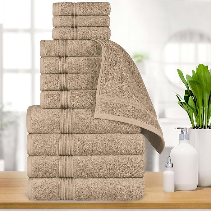 Superior Egyptian Cotton 12-Piece Towel Set, Assorted Towels for Home Bathroom, Guest Bath Decor Essentials, Includes 4 Bath, 4 Hand, 4 Face Towels/Washcloths, Quick Dry, Absorbent - Taupe