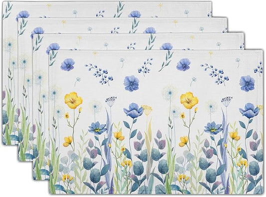 Watercolor Floral Placemats Set of 4 Blue Yellow Poppy Flowers Washable Non-Slip Heat Resistant 12×18 Inch Spring Summer Seasonal Linen Fabric Table Mats for Kitchen Dining Table