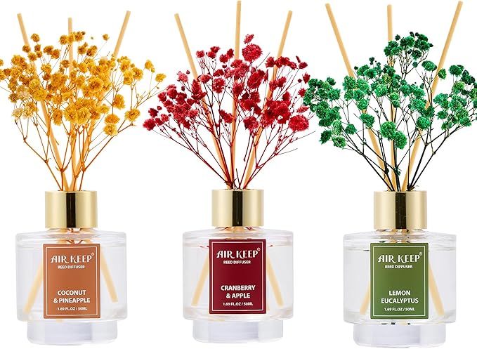 Airkeep Reed Diffuser Set of 3,Coconut Pineapple Lemon Eucalyptus Cranberry Apple Oil Reed Diffusers for Bedroom Living Room Office Aromatherapy Oil Reed Diffuser for Gift 50ml x 3