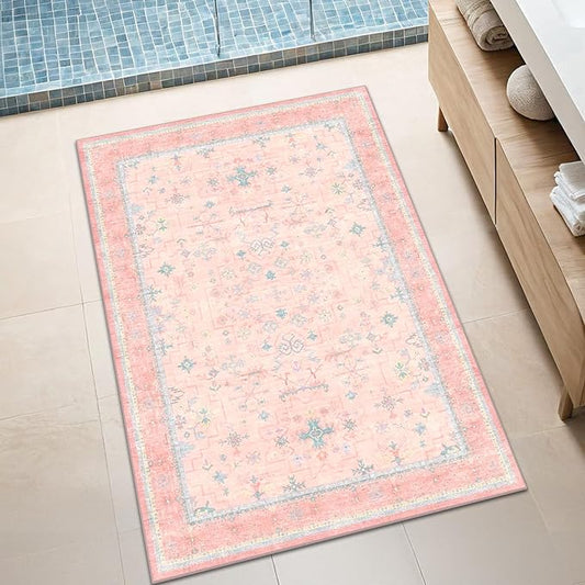 Pink Boho Bathroom Rug, 2x3 Small Throw Rugs for Entryway Kitchen Girls Bedroom Kids Room, Modern Oushak Floral Design, Machine Washable Non Slip Low Pile Stain Resistant Soft Faux Wool Carpet