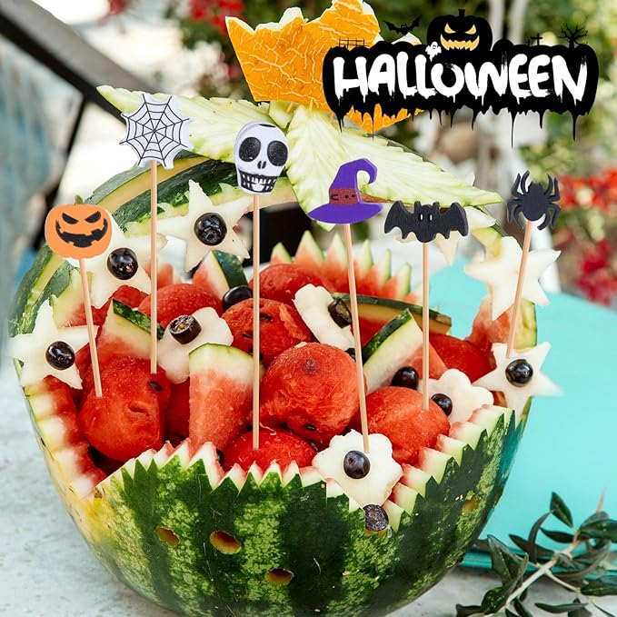 JtmyAota 100 Pack Halloween Toothpicks for Appetizers, 4.7 Inch Natural Bamboo Cocktail Picks for Cake Dessert Food Fruit Halloween Party Decorations