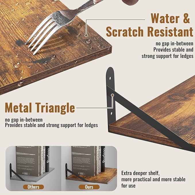 Deep Floating Shelves for Wall, 16W x 12D Wood Wall Shelves Set of 2, Rustic Wood Floating Shelves, Wall Mounted Hanging Shelf for Living Room, Kitchen, Office, Bathroom and Bedroom Decor