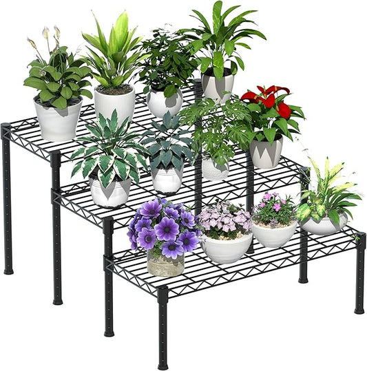 Xiofio 3 Tier Ladder Potted Multiple Plants for Indoor and Outdoor Plant Stands, Adjustable Shelves and Multifunctional Plant Racks suitable for living room balconies and gardens,(Black)