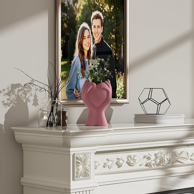 8 Inch Heart Hand White Ceramic Vase - Unique Modern Aesthetic Flowers Vase for Living Room Bedroom Office Kitchen Table Centerpiece or Shelf Decor - Gifts for Wedding Bridal Shower Women Mom (Pink)