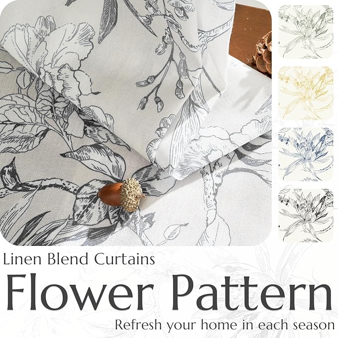 jinchan Floral Curtains 96 Inches Long Charcoal Grey Flower Linen Farmhouse Curtain for Living Room French Country Vintage Curtain Rod Pocket Curtains Set 2 Panels Gray Floral Printed