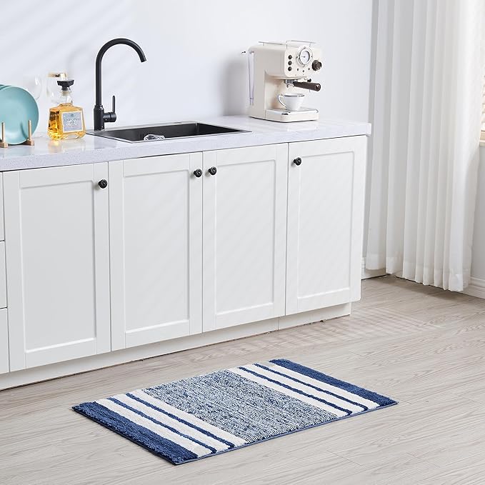 CozeCube Blue Striped Bath mats for Bathroom Non Slip, Fluffy Absorbent Microfiber Bath mat Washable, Aesthetic Bathroom Rugs, Cute Bath mat for Sink, 24" x 16"