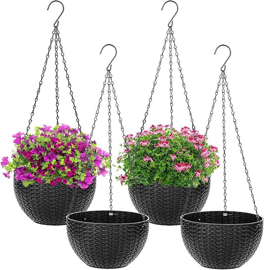 Foraineam 4 Pack Black Hanging Planters, 8.2 inch Hanging Flower Basket Planter Pots, Garden Plant Pot Container, Balcony Patio Hanging Basket Planters with Drainage Hole for Indoor and Outdoor Use