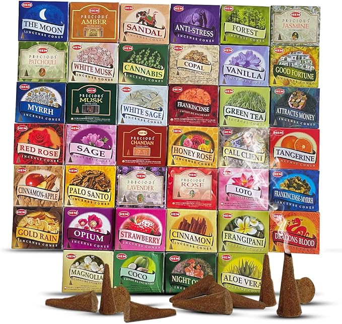 Hem Incense Cones Variety Pack of 12 Randomly Selected Fragrances and Incense Cone Holder Bundle Total 120 Cones